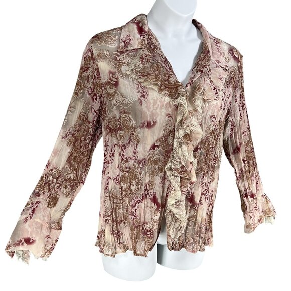 Vintage Notations Womens XL Sheer Chiffon Ruffled Crinkle Boho Button Up Blouse - Picture 2 of 15